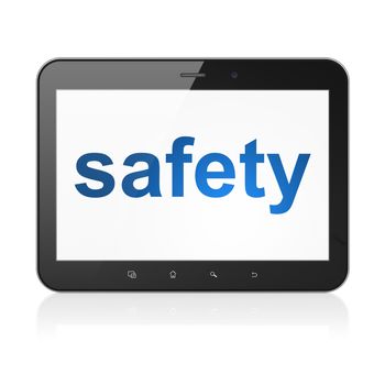 Security concept: black tablet pc computer with text Safety on display. Modern portable touch pad on White background, 3d render