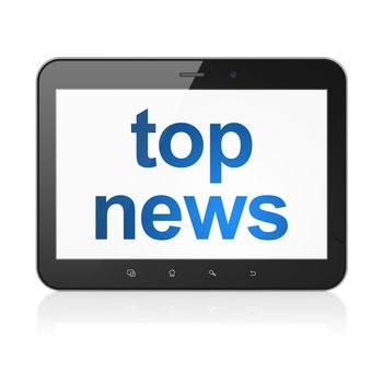News concept: black tablet pc computer with text Top News on display. Modern portable touch pad on White background, 3d render