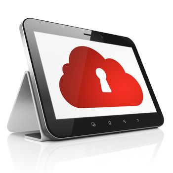 Cloud computing concept: black tablet pc computer with Cloud With Keyhole icon on display. Modern portable touch pad on White background, 3d render