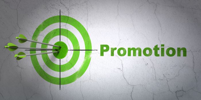 Success marketing concept: arrows hitting the center of target, Green Promotion on wall background, 3d render