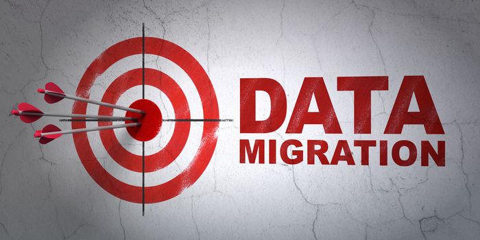 Success Data concept: arrows hitting the center of target, Red Data Migration on wall background, 3d render