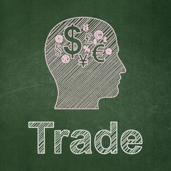 Finance concept: Head With Finance Symbol icon and text Trade on Green chalkboard background, 3d render