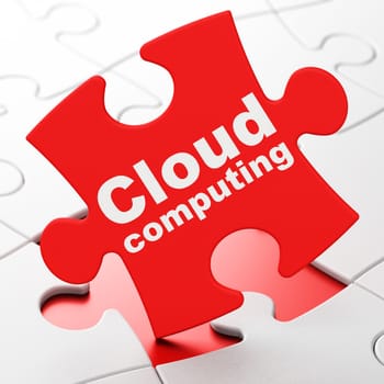 Cloud technology concept: Cloud Computing on Red puzzle pieces background, 3d render