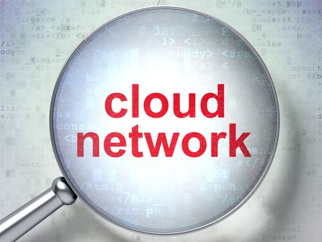 Cloud computing concept: magnifying optical glass with words Cloud Network on digital background, 3d render