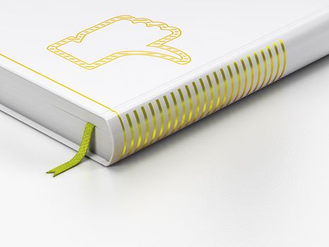 Social media concept: closed book with Gold Thumb Down icon on floor, white background, 3d render
