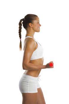 image of a young attractive sporty woman with red dumbbell