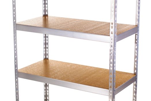 empty galvanized shelves with wooden boards
