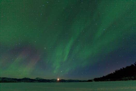 Rising moon and dancing Aurora borealis or Northern Lights on night sky over winter scene of Lake Laberge, Yukon Territory, Canada