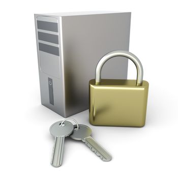 A secure Desktop PC. 3D rendered Illustration. Isolated on white.