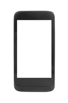 Modern black smartphone, isolated on white. Blank screen, closeup.