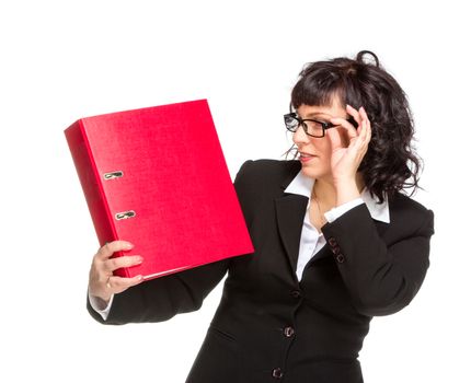 Cheerful senior business woman with folder, isolated on white