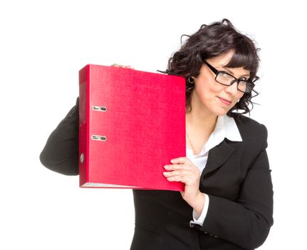 Cheerful senior business woman with folder, isolated on white