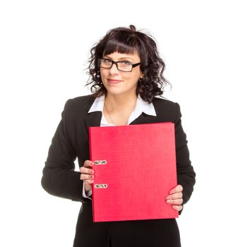 Cheerful senior business woman with folder, isolated on white