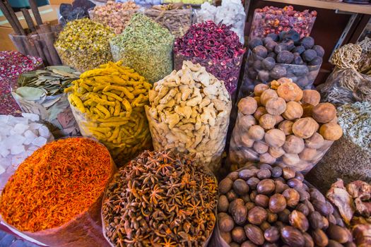 dried herbs flowers spices in the spice souq at Deira. UAE Dubai