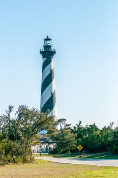 Diagonal black and white stripes mark the Cape Hatteras lighthouse at its new location near the town of Buxton on the Outer Banks of North Carolina