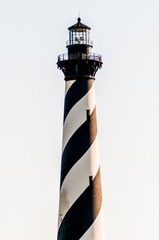 Diagonal black and white stripes mark the Cape Hatteras lighthouse at its new location near the town of Buxton on the Outer Banks of North Carolina