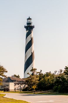 Diagonal black and white stripes mark the Cape Hatteras lighthouse at its new location near the town of Buxton on the Outer Banks of North Carolina