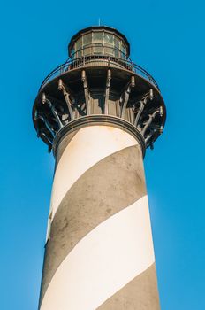 Diagonal black and white stripes mark the Cape Hatteras lighthouse at its new location near the town of Buxton on the Outer Banks of North Carolina