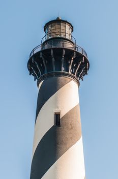 Diagonal black and white stripes mark the Cape Hatteras lighthouse at its new location near the town of Buxton on the Outer Banks of North Carolina