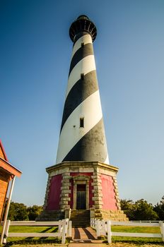 Diagonal black and white stripes mark the Cape Hatteras lighthouse at its new location near the town of Buxton on the Outer Banks of North Carolina