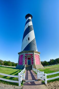 Diagonal black and white stripes mark the Cape Hatteras lighthouse at its new location near the town of Buxton on the Outer Banks of North Carolina