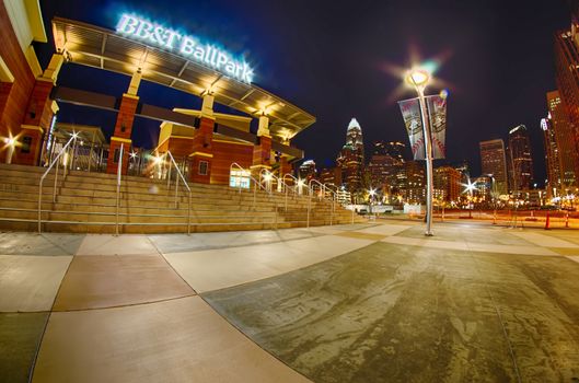 charlotte skyline at romare bearden park and bbt knights baseball stadium