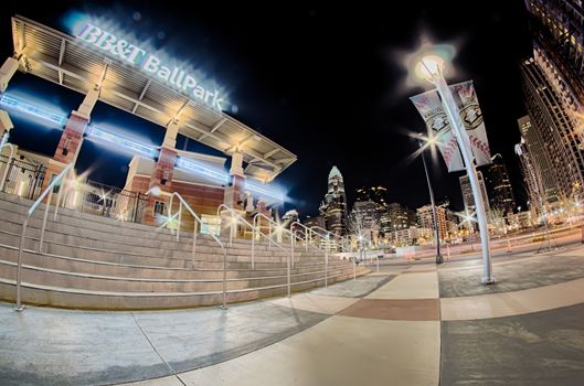 charlotte skyline at romare bearden park and bbt knights baseball stadium