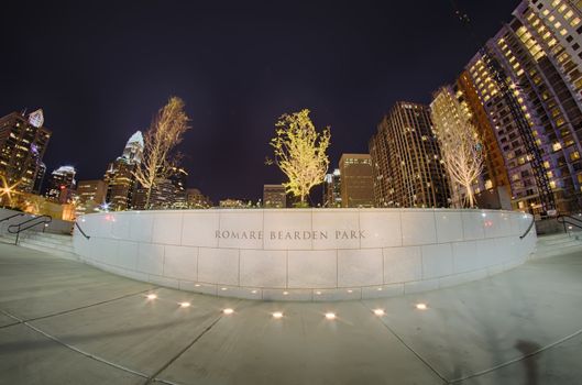 charlotte skyline at romare bearden park and bbt knights baseball stadium