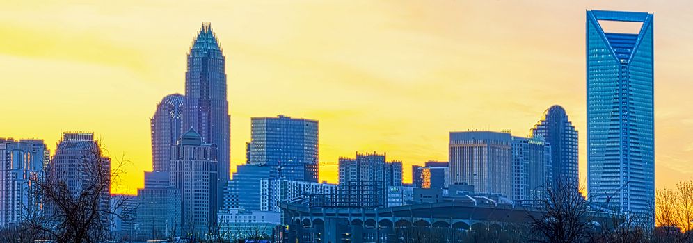 early morning sunrise over charlotte city skyline downtown