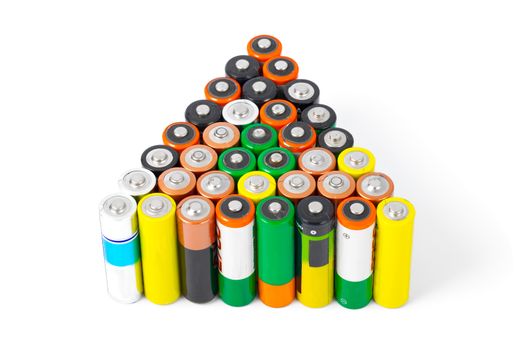 Many AA sized batteries on white