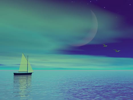 One sailing boat floating on the water by green night with moon and stars