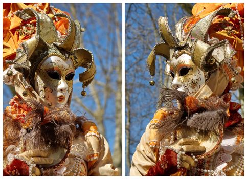 Golden sun couple at the 2014 Annecy venetian carnival, France