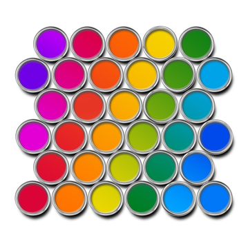 Paint cans color spectrum, top view isolated on white