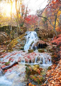 Autumn mountain river in a colorful forest