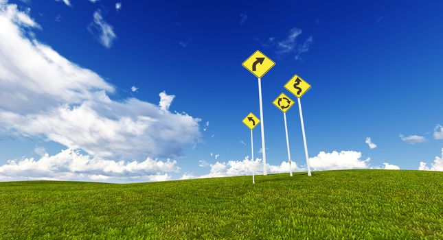 Signs in a meadow with blue sky