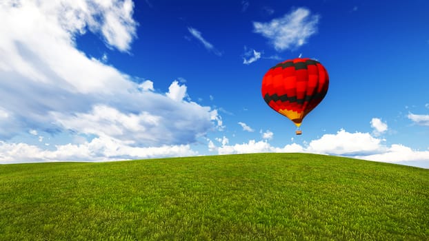 balloon in a meadow with blue sky