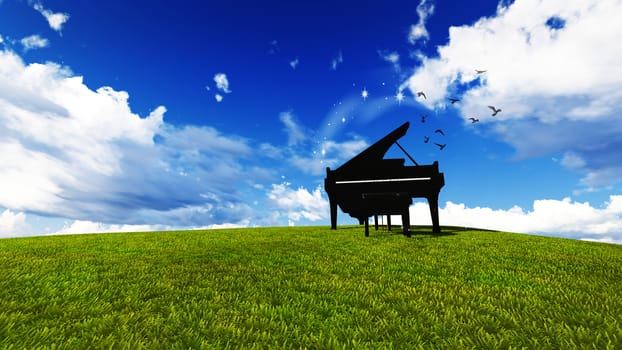 piano in a meadow with blue sky