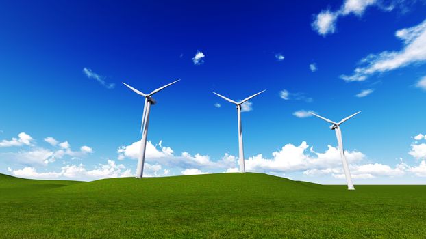 wind turbine in a meadow with blue sky