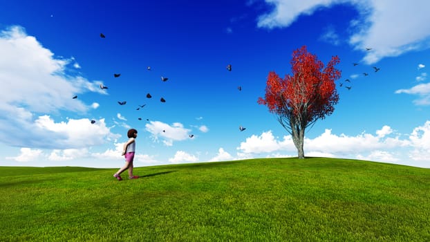 Girl walking to the trees in a meadow with blue sky