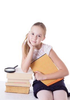 Cute schoolgirl with pile of books isolated on white