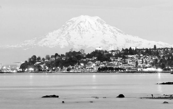 Mt. Rainier looms large over north Tacoma and Ruston Way waterfront