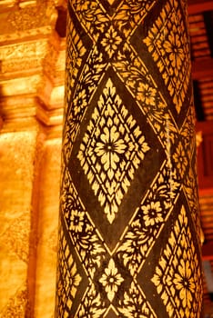 the detail of  thai gold painting pattern on ancient temple pillars ,shallow focus,Lampang temple,Thailand