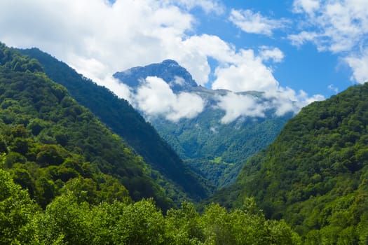 Summer landscape with Russian Caucasus green mountains