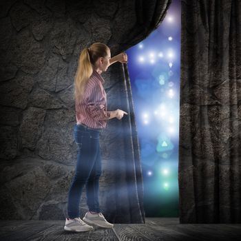image of a young woman, changes reality, looking at the lights of a stone wall