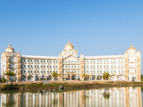 The School buildings in European style, view from road, Thailand.