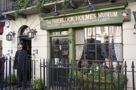 LONDON, UK – APRIL 15, 2014: The Sherlock Holmes museum is located on Baker Street and is dedicated to the fictional detective Sherlock Holmes.