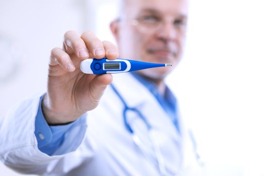 Senior doctor with thermometer measuring and showing temperature.