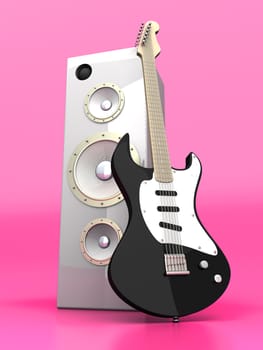 3D rendered Illustration. A guitar with a group of Speakers. 