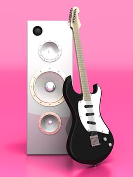 3D rendered Illustration. A guitar with a group of Speakers. 
