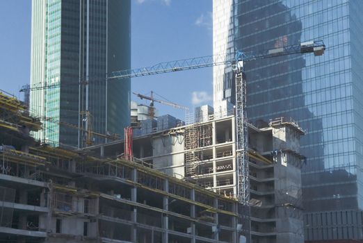 View of a construction site with crane Hoist in Moscow